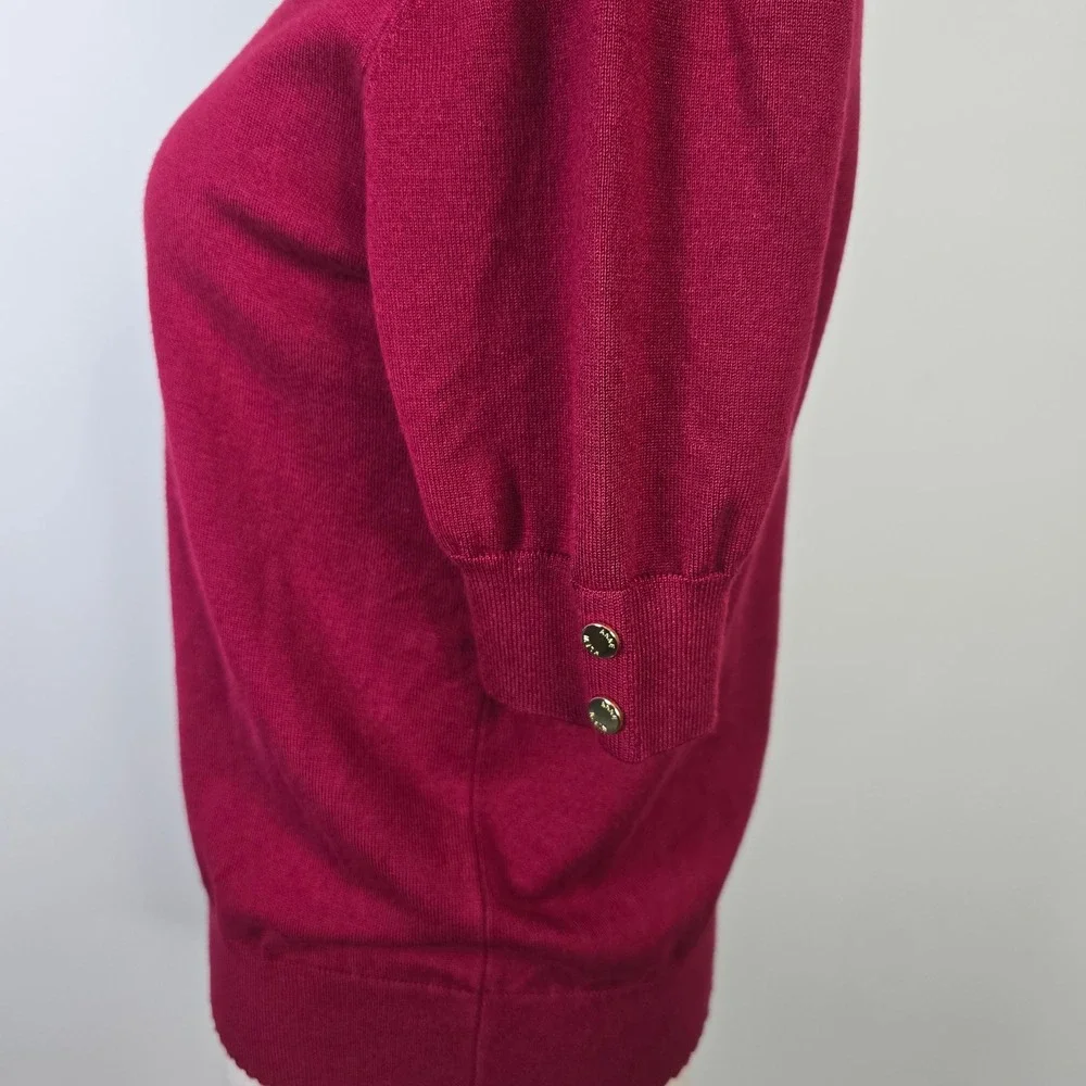 Anne Klein Womens Burgundy Short Sleeve Sweater Scalloped Neck Gold Buttons M